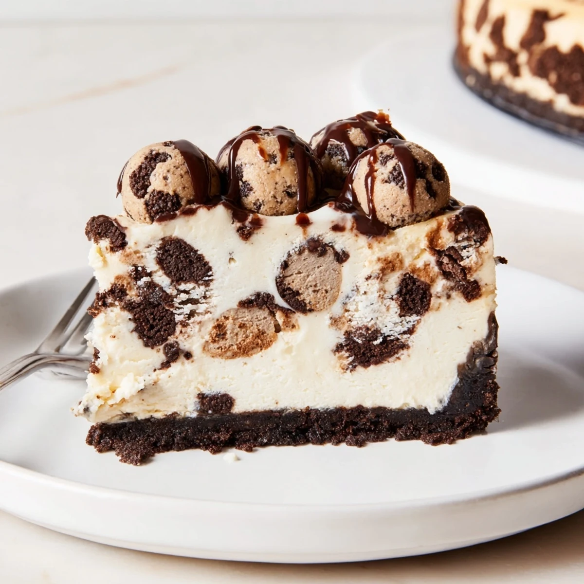 Decadent Chocolate Chip Cookie Dough Cheesecake served with warm chocolate drizzle