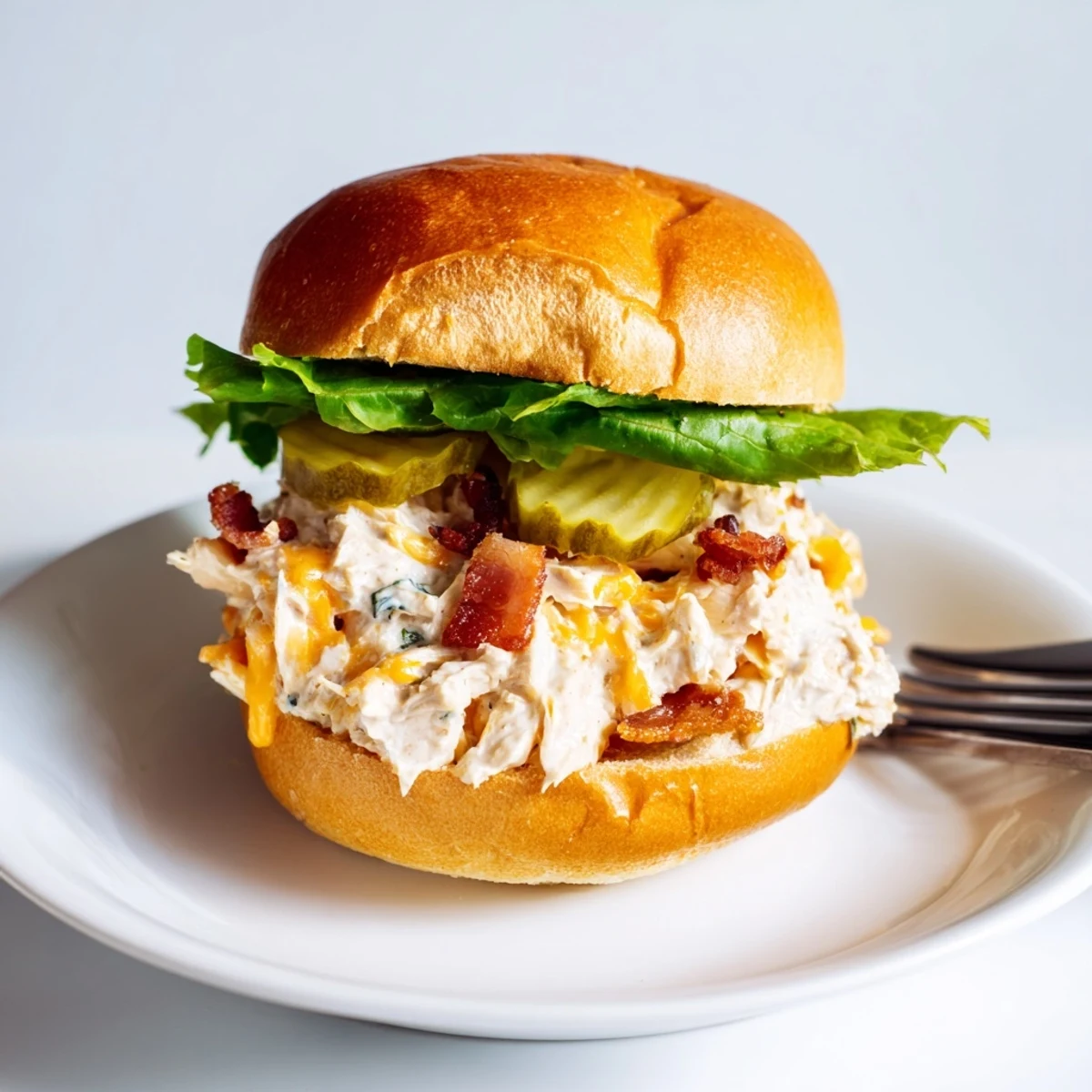 Crack Chicken Sandwiches piled on brioche, melted cheddar and crisp bacon visible