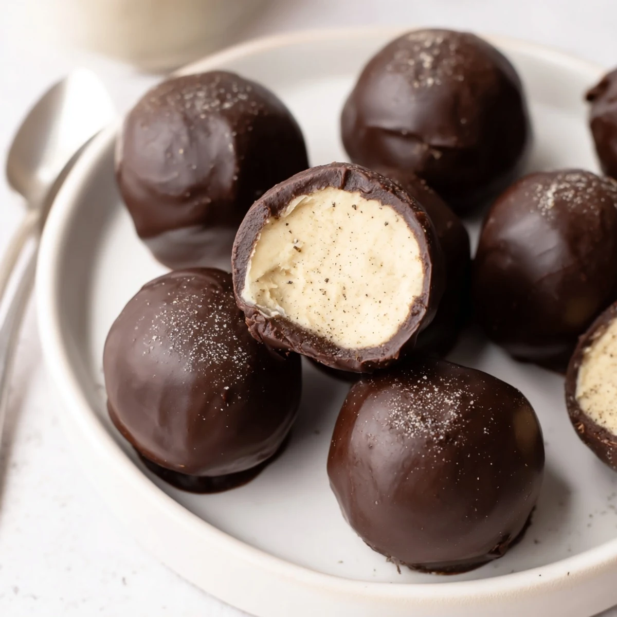 Dark Chocolate Eggnog Truffles with glossy shells, dusting of nutmeg, perfect for gifting