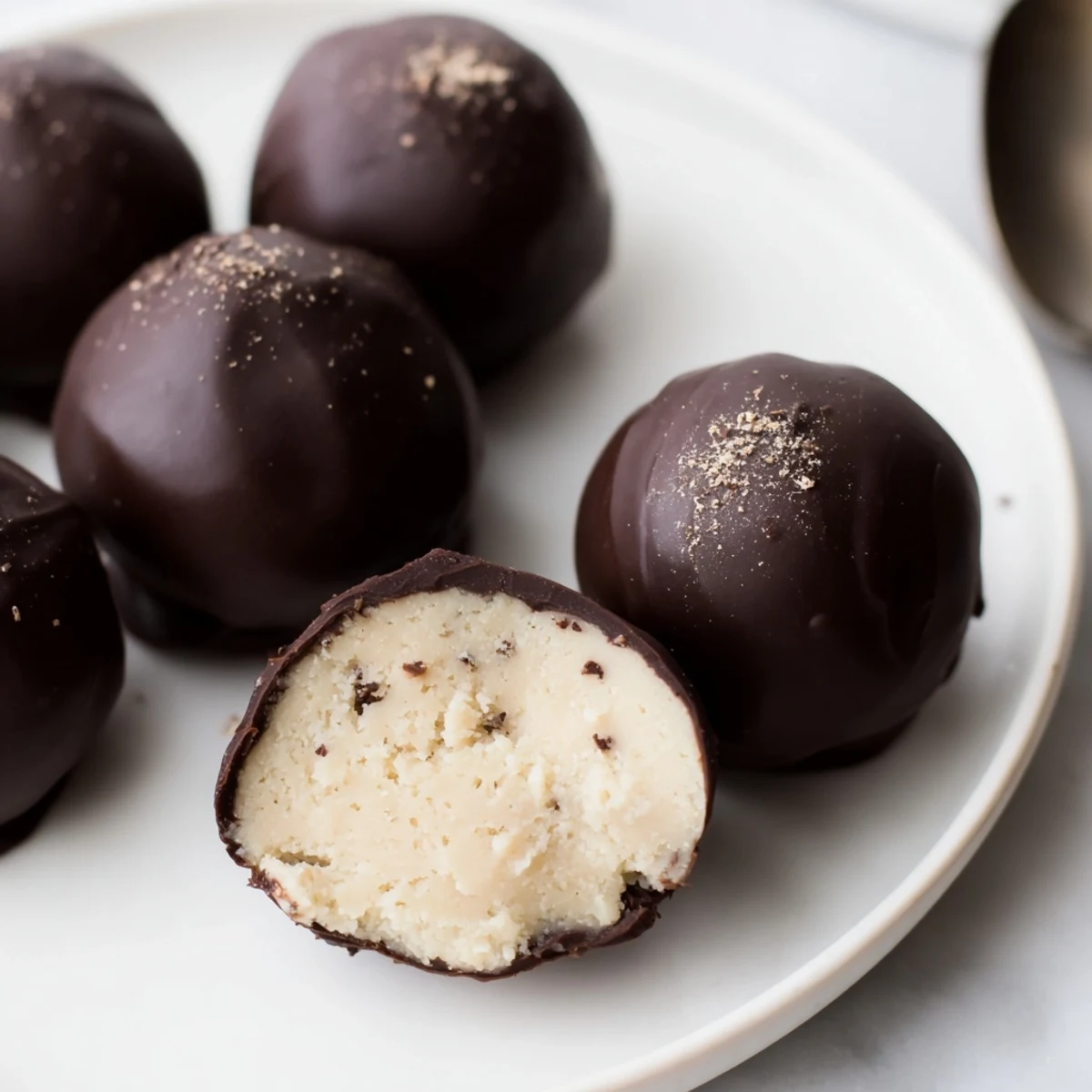 Spoonfuls of spiced ganache inside Dark Chocolate Eggnog Truffles, chilled and rich
