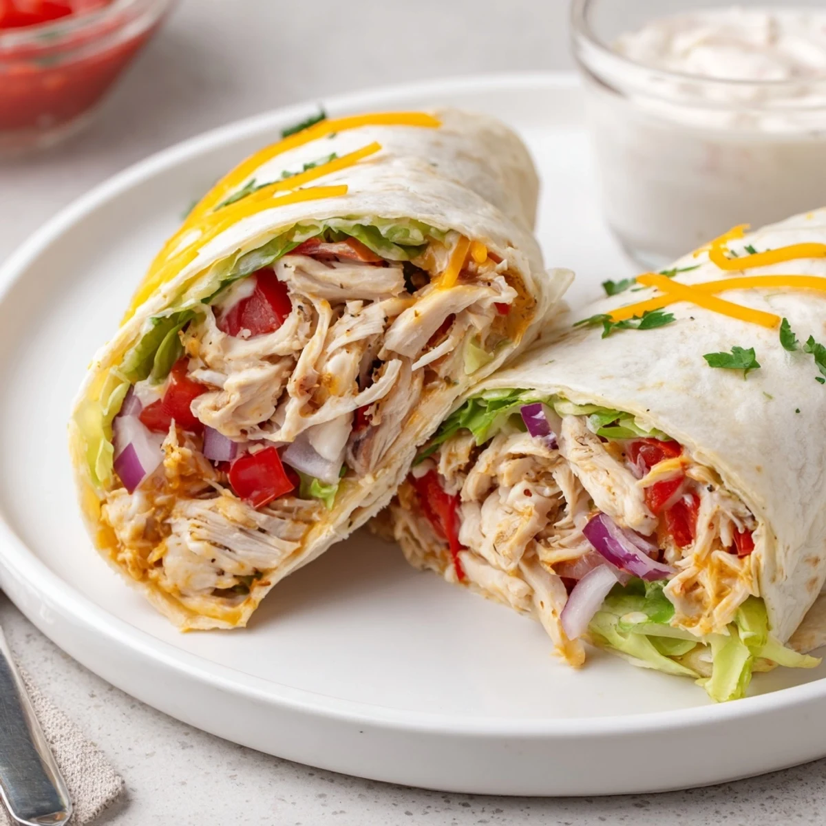 Warm Cheesy Garlic Chicken Wraps crisped in panini press, oozing melted cheese