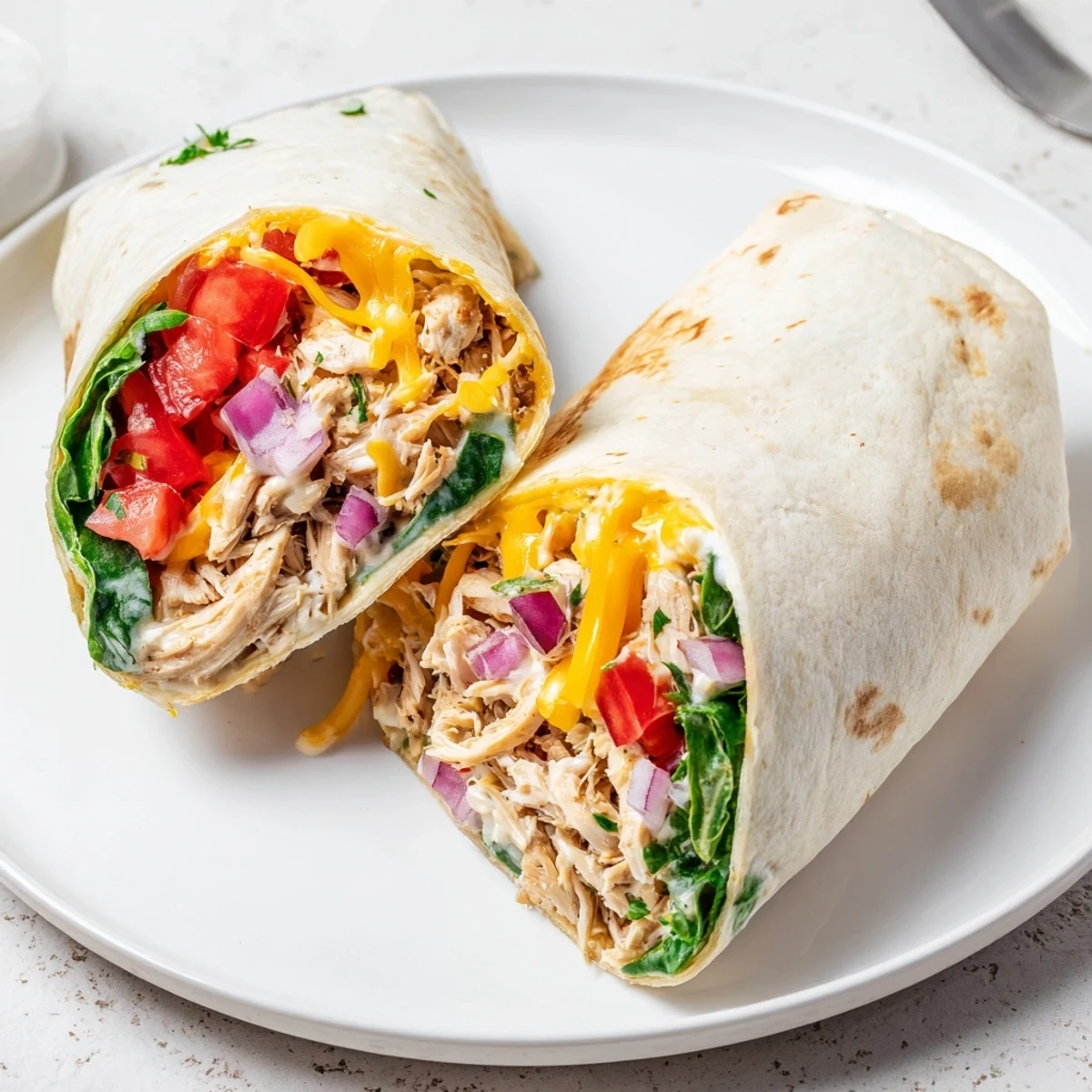 Stacked halves of Cheesy Garlic Chicken Wraps served with sweet potato fries