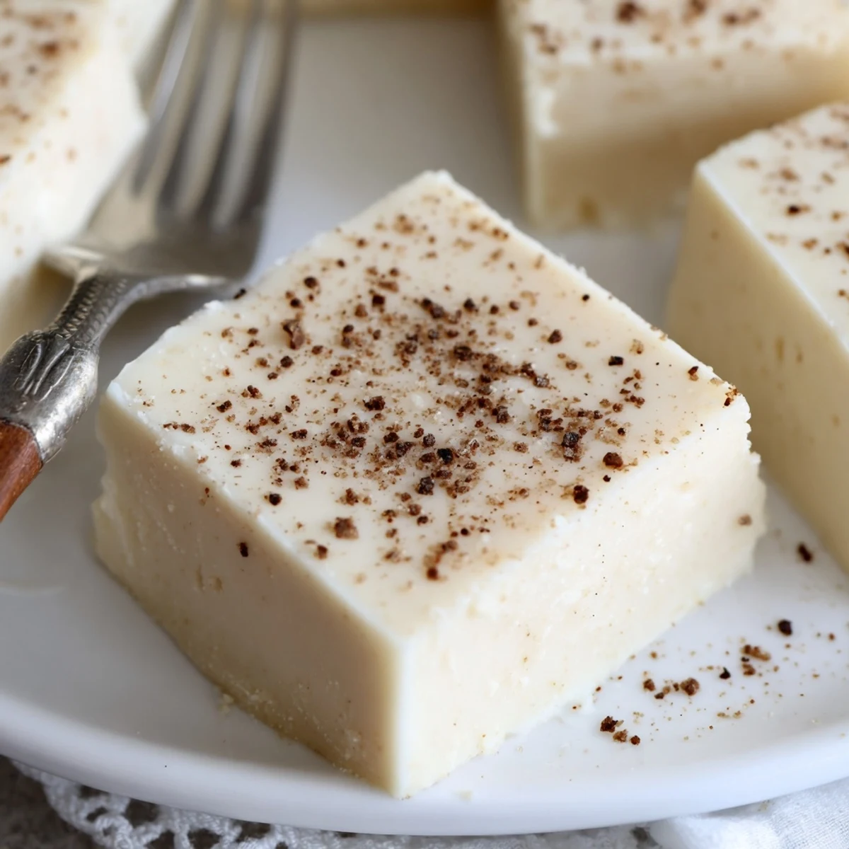 Creamy Eggnog Fudge squares dusted with nutmeg on parchment-lined tray