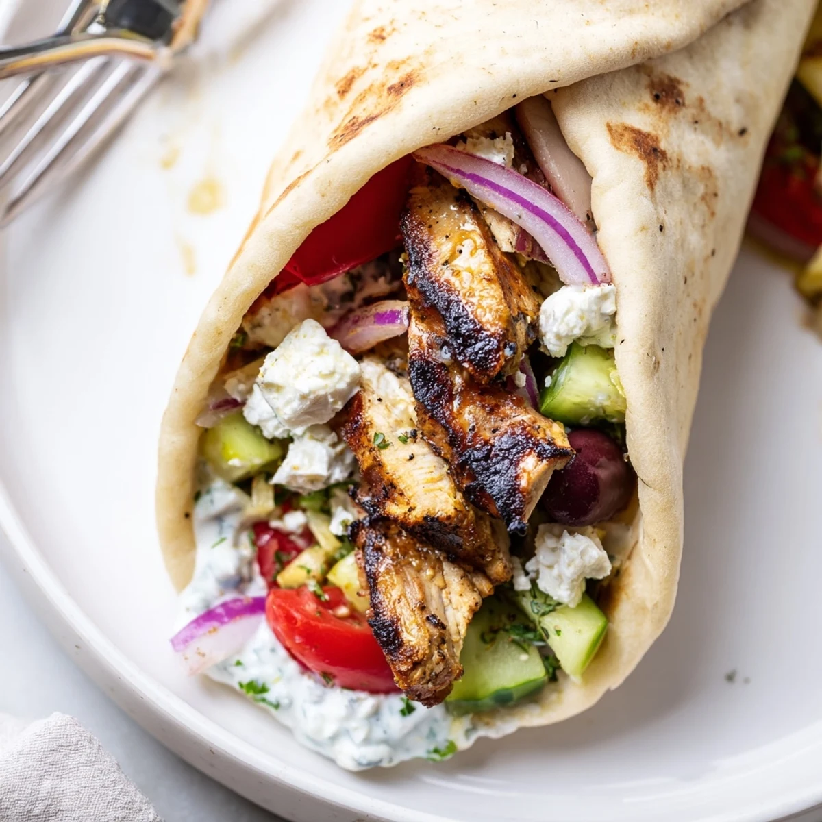 Warm Mediterranean Chicken Pita Wraps stuffed with crunchy cucumber, Kalamata olives, tangy feta