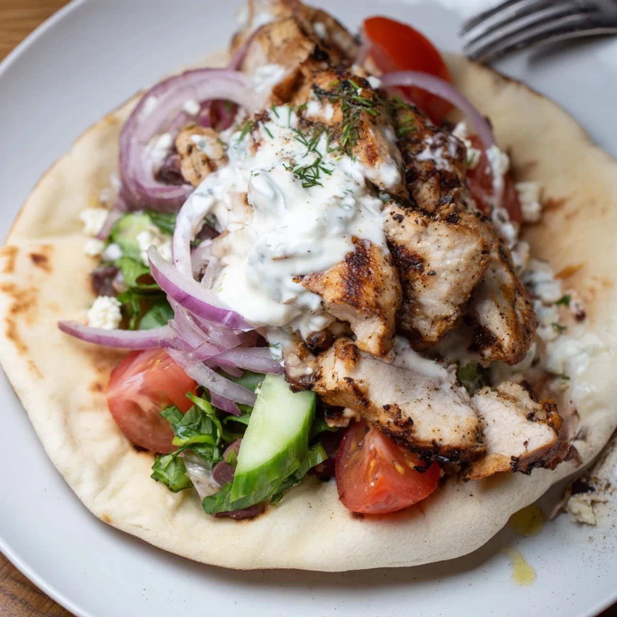 Mediterranean Chicken Pita Wraps with charred grilled chicken, crisp tomatoes, creamy yogurt drizzle