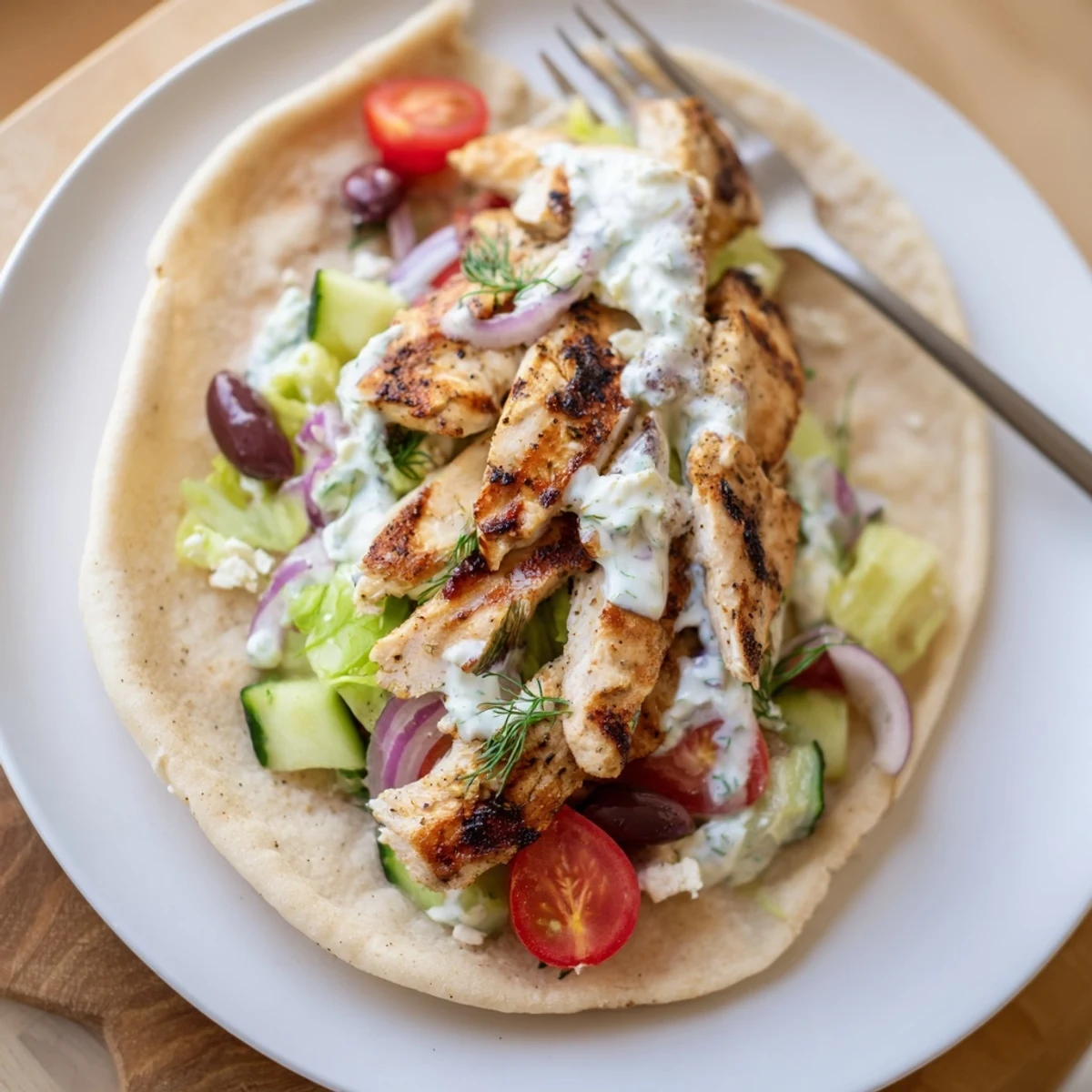 Handheld Mediterranean Chicken Pita Wraps served immediately with herby yogurt sauce and fresh greens