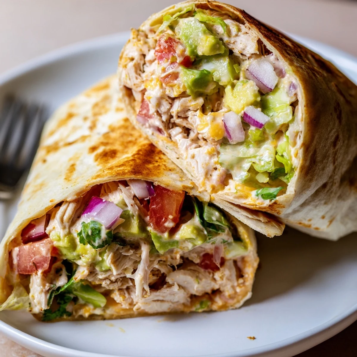Stacked Chicken Avocado Ranch Burritos ready for quick lunch, smoky paprika aroma
