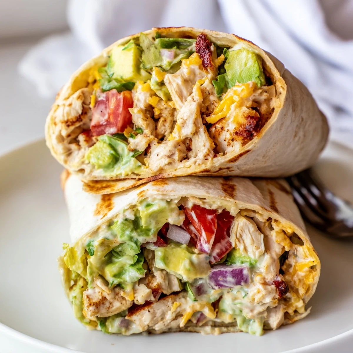 Warm Chicken Avocado Ranch Burritos spilling shredded chicken, tangy ranch, crisp lettuce