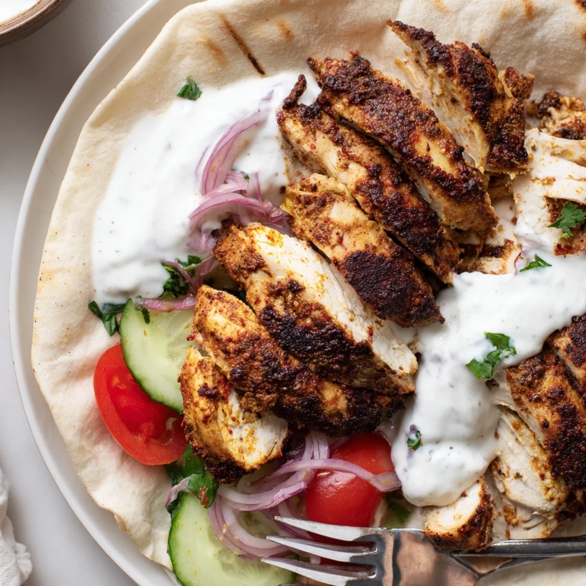 Shawarma Chicken With Garlic Sauce sliced, charred edges, creamy toum drizzled over pita
