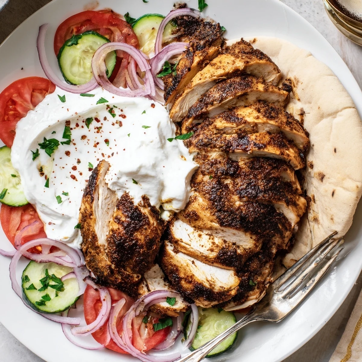 Tender Shawarma Chicken With Garlic Sauce resting on pita, tangy lemon brightness