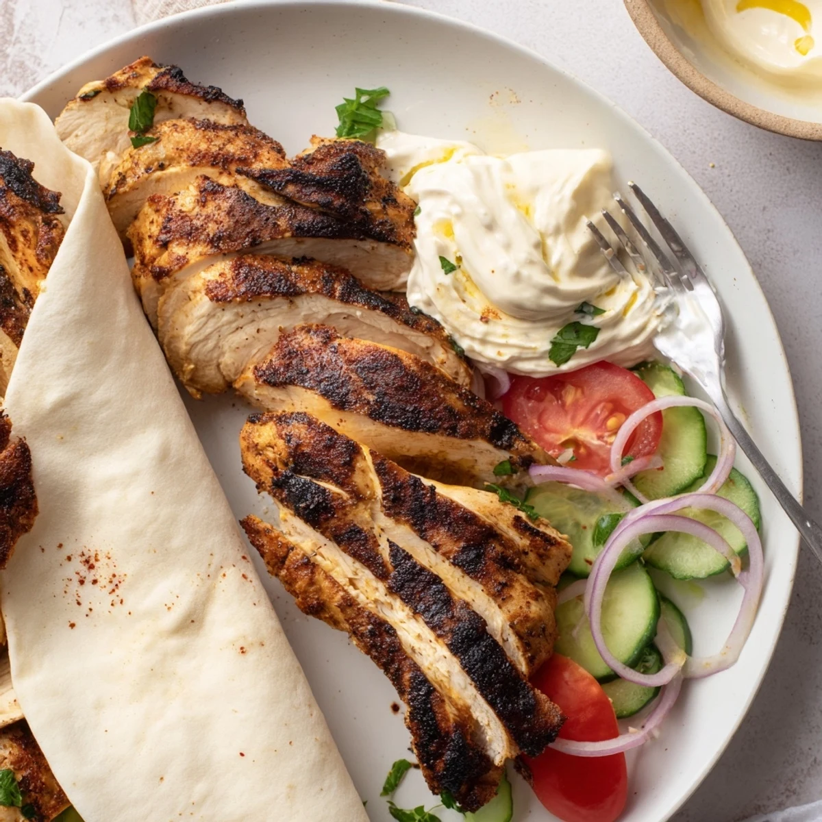 Grilled Shawarma Chicken With Garlic Sauce piled on warm pita, fresh veggies