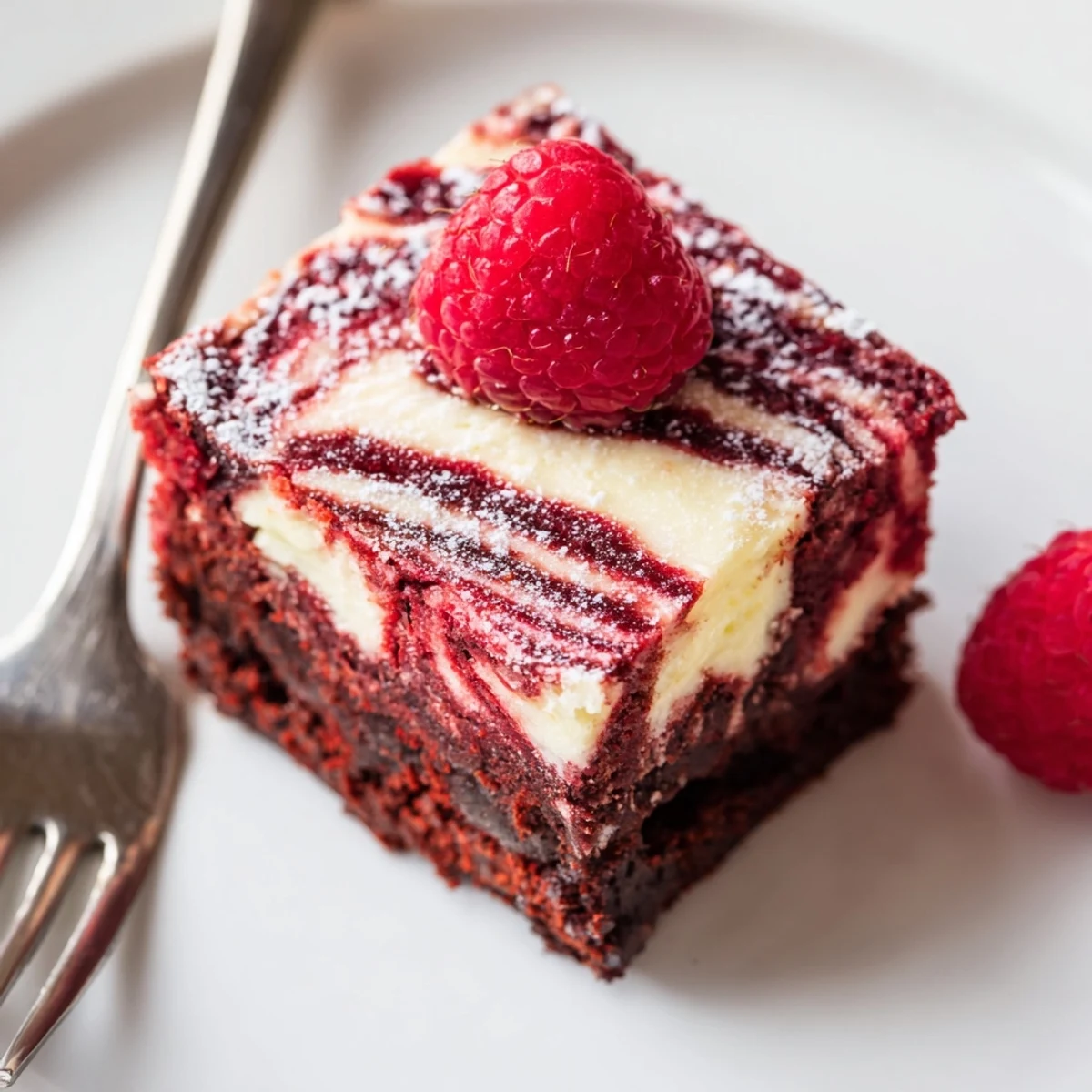 Slice of Red Velvet Brownies With Cheesecake Layer on parchment, creamy swirl