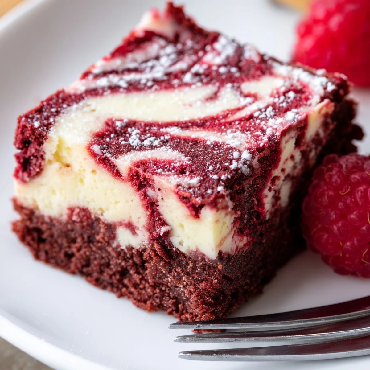 Close-up of marbled Red Velvet Brownies With Cheesecake Layer, fudgy texture visible