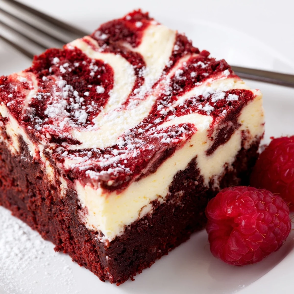 Chilled Red Velvet Brownies With Cheesecake Layer topped with powdered sugar and berries