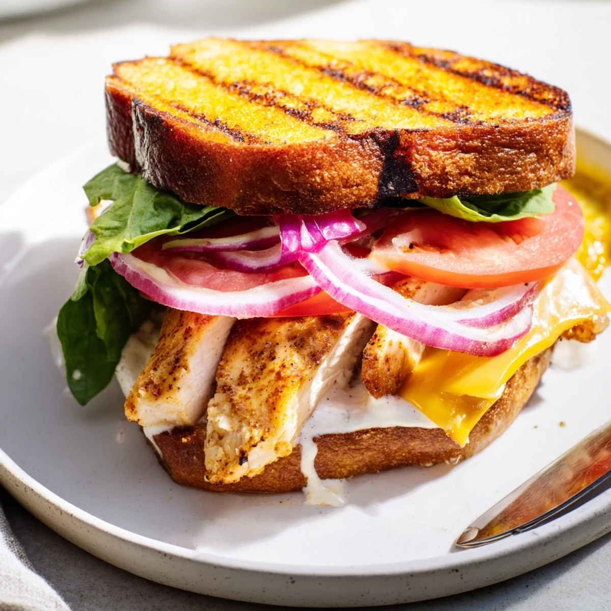 Grilled Spicy Chicken Sandwich With Creamy Sauce stacked with lettuce, tomato, melty cheddar