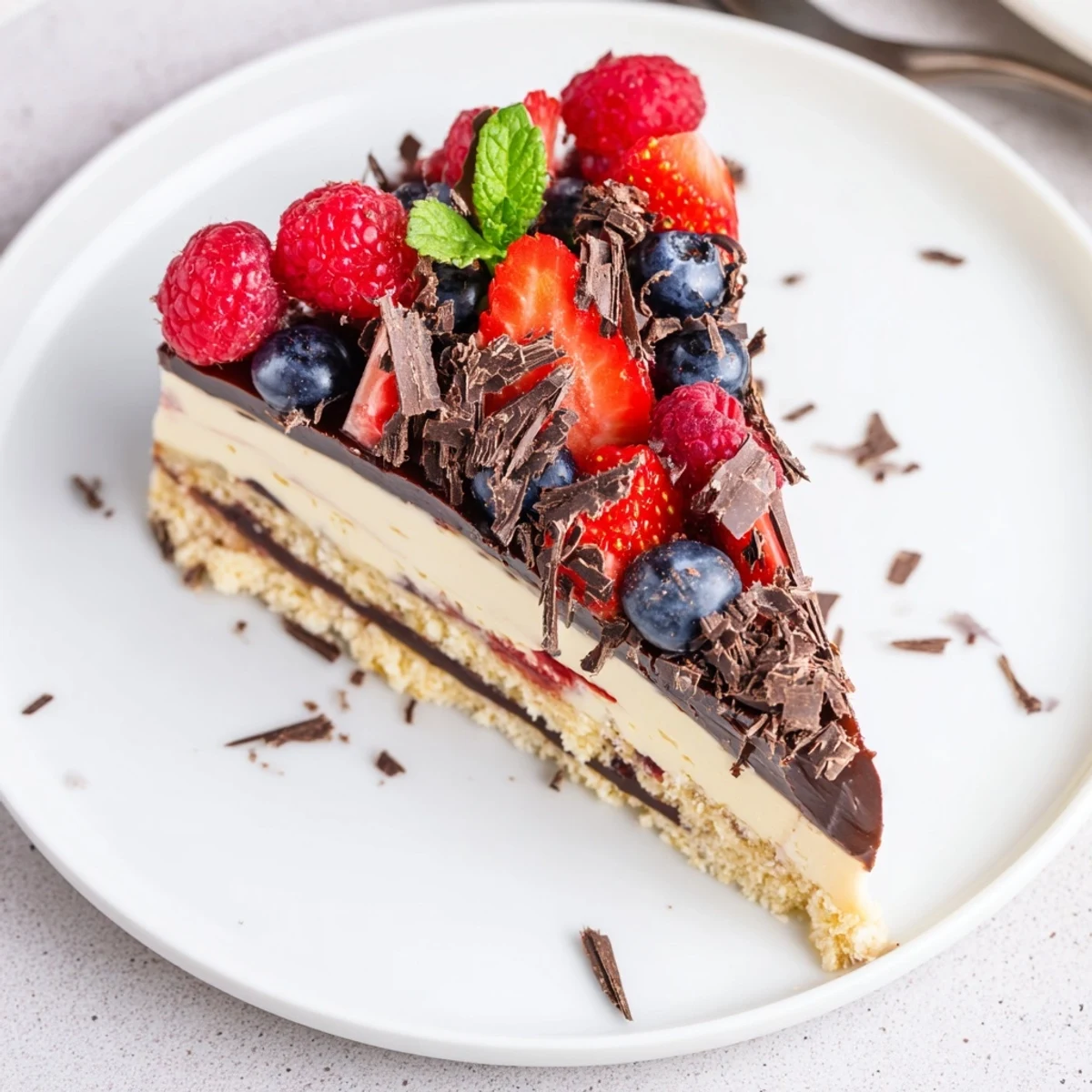 Slice of The Ultimate Dessert Recipe showing chocolate, vanilla layers and berries