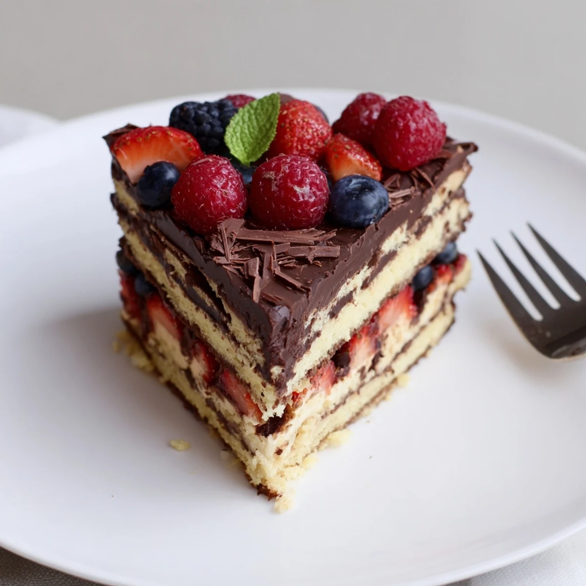 The Ultimate Dessert Recipe chilled with glossy ganache, mascarpone cream, fresh berries