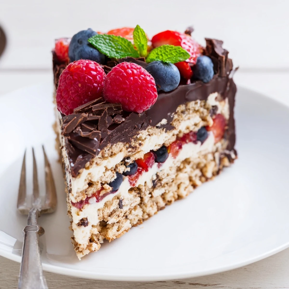 Overhead view of The Ultimate Dessert Recipe garnished with chocolate shavings, mint