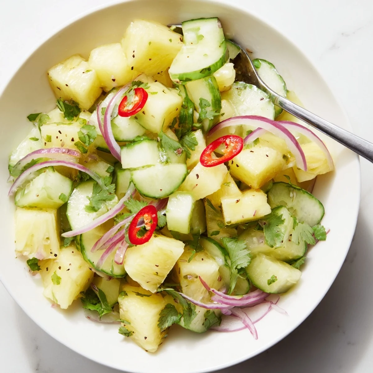 Bowl of Pineapple Cucumber Salad with zesty lime dressing and cilantro