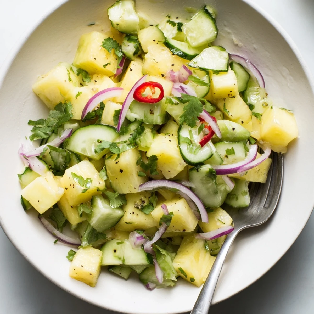 Chilled Pineapple Cucumber Salad tossed with crisp cucumber, juicy pineapple, spicy chili
