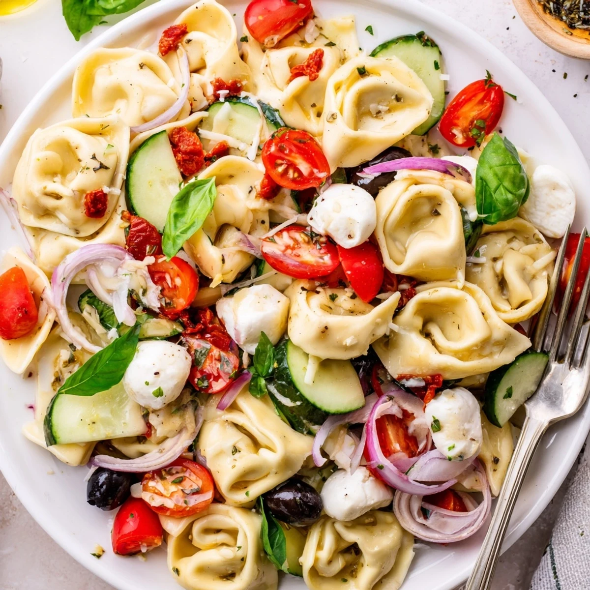 Tortellini Pasta Salad piled with colorful vegetables and glossy Italian dressing