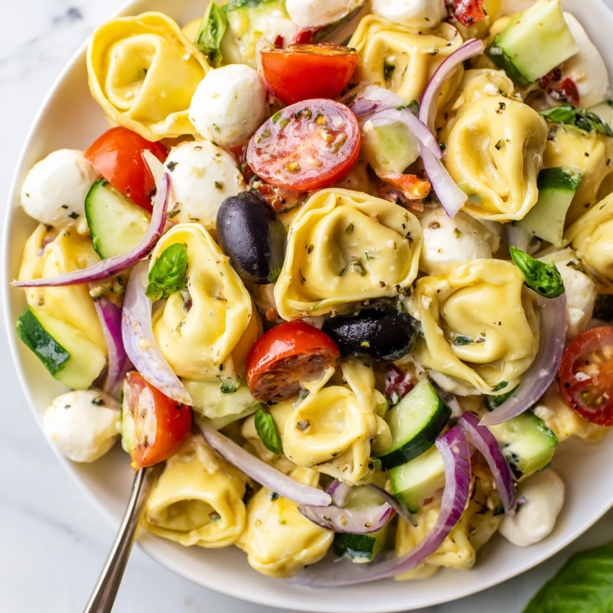Serving suggestion: Tortellini Pasta Salad in picnic bowl, tangy red wine vinaigrette