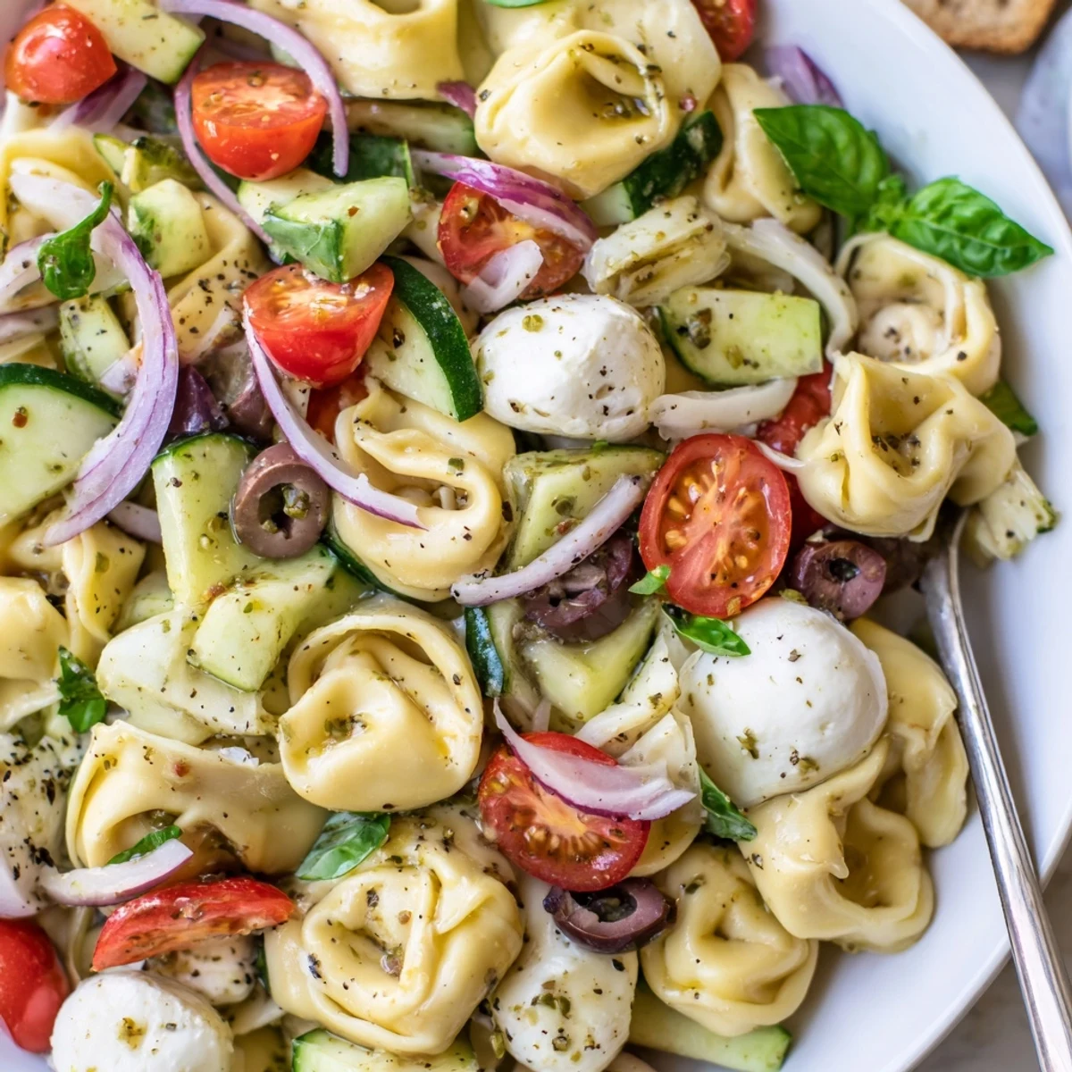 Chilled Tortellini Pasta Salad with mozzarella, basil, and crunchy cucumber bites