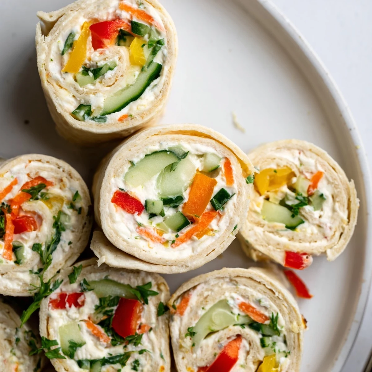 Bright Vegetable Tortilla Roll Ups with colorful peppers, cool cucumber, ready for picnics