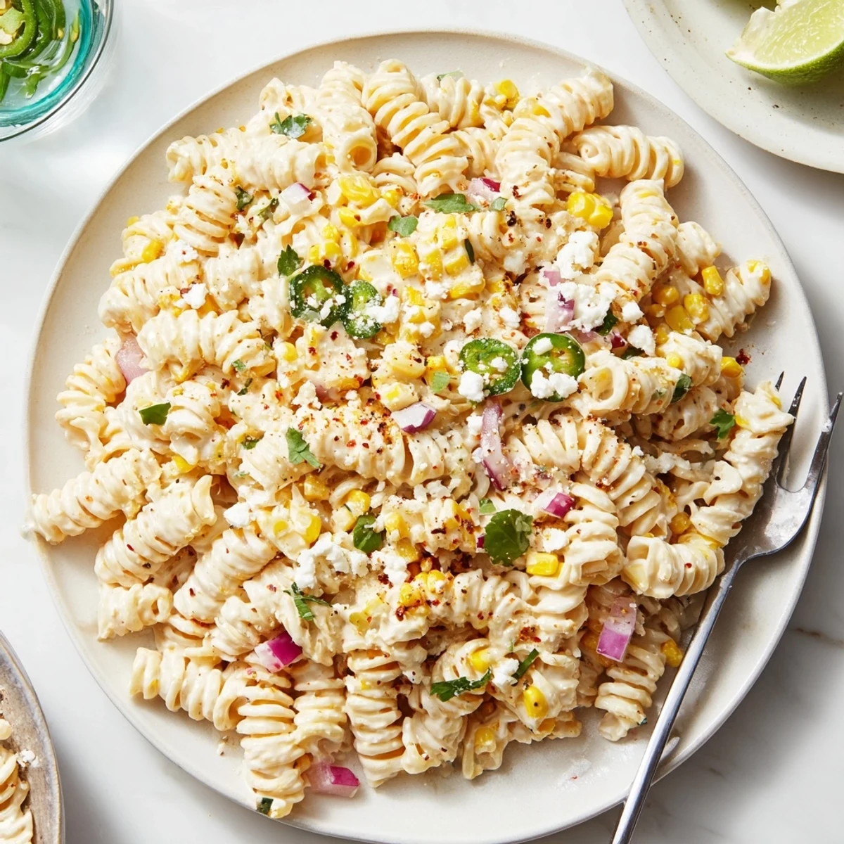 Charred-sweet corn and cilantro crown Juicy Street Corn Pasta Salad on plate