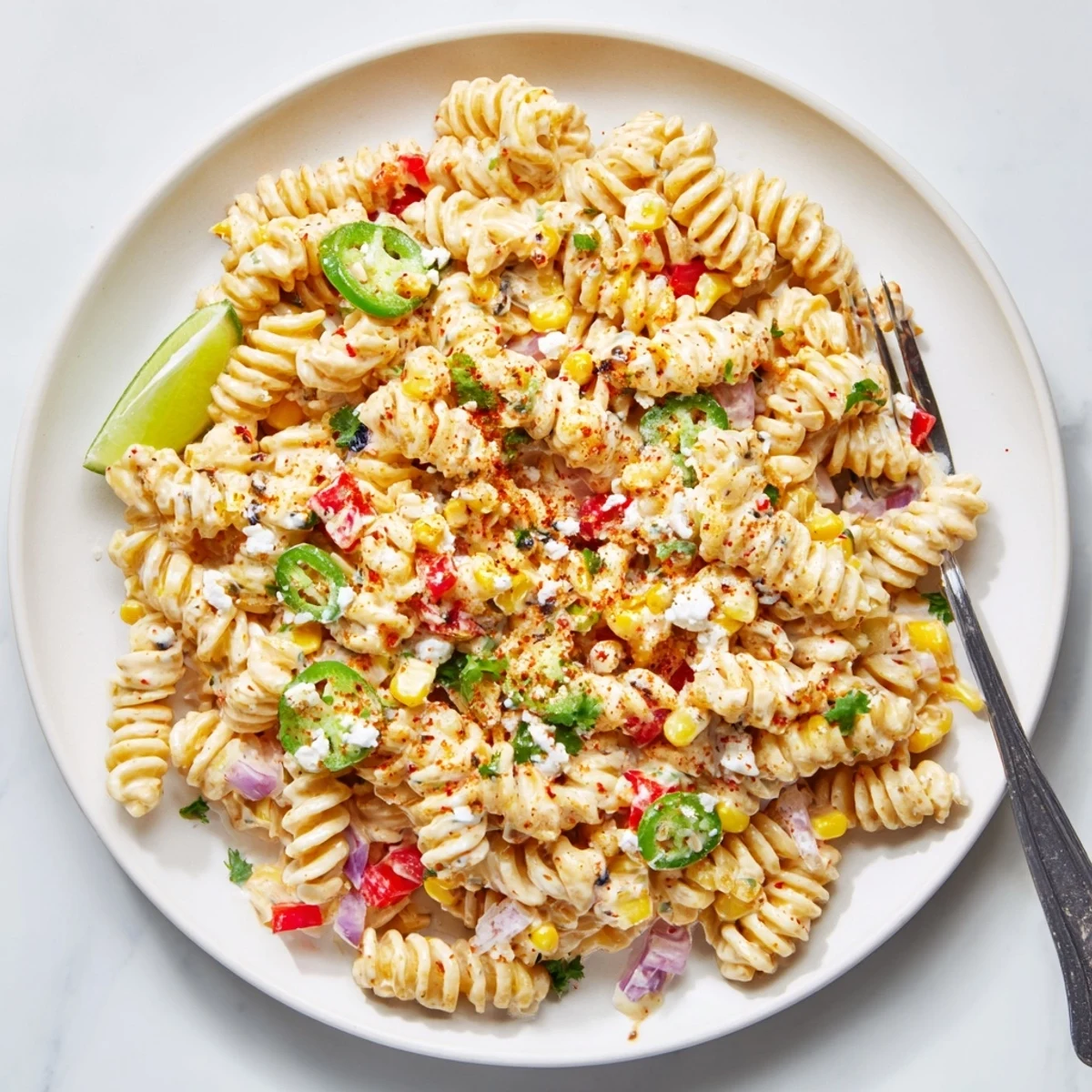 Chilled Juicy Street Corn Pasta Salad served at summer cookouts, smoky paprika aroma