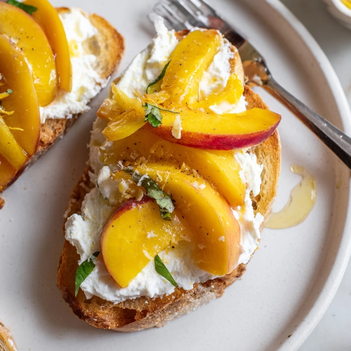 Peach Bruschetta With Whipped Ricotta on toasted baguette, honey drizzle and basil