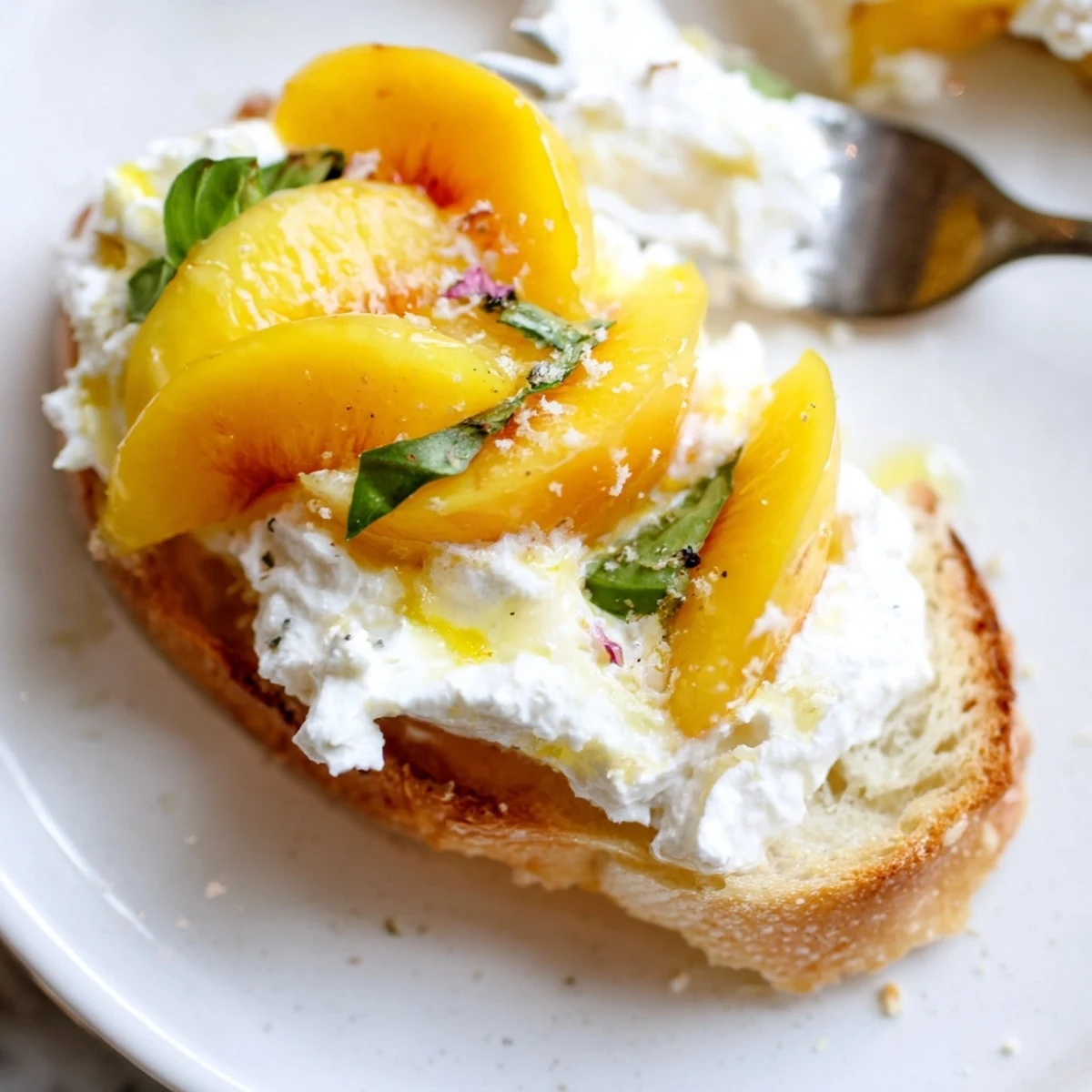 Close-up of Peach Bruschetta With Whipped Ricotta topped with cracked pepper, flaky salt