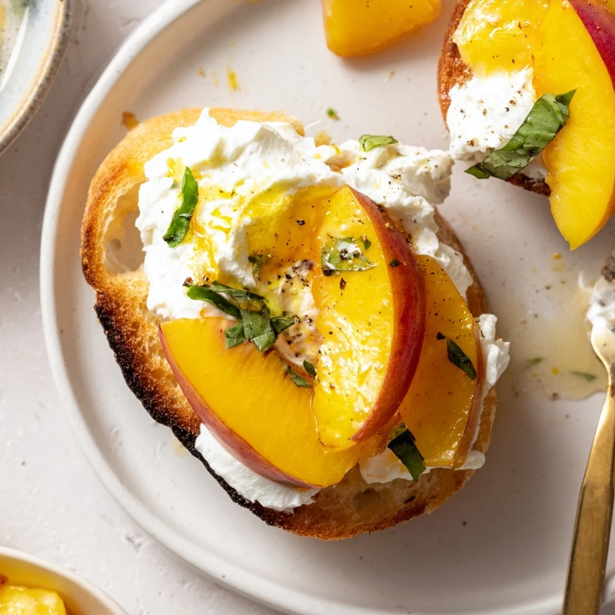 Summer appetizer Peach Bruschetta With Whipped Ricotta served on platter with chilled rosé