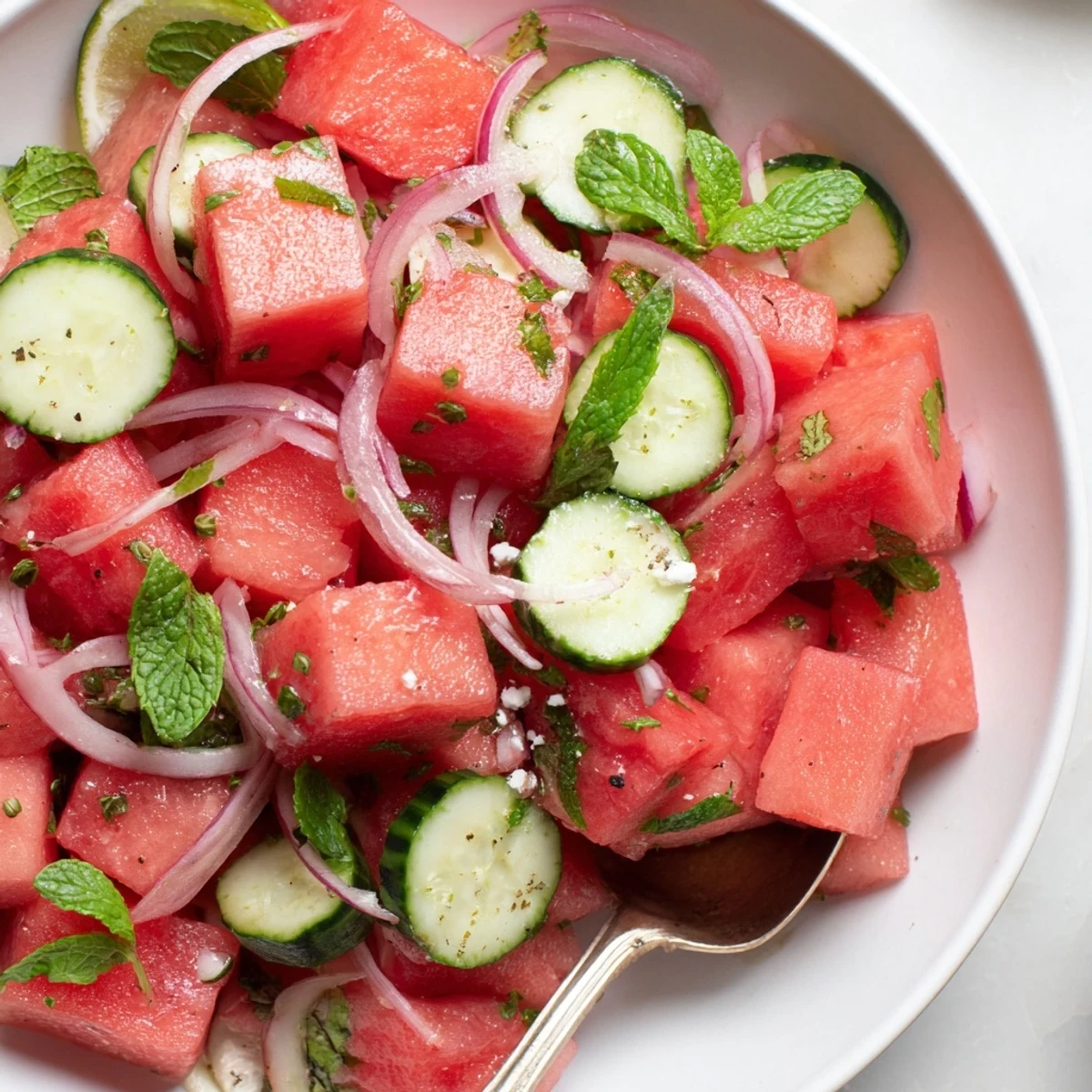 Crunchy cucumber, sweet watermelon, and mint compose Watermelon Cucumber Salad served cold