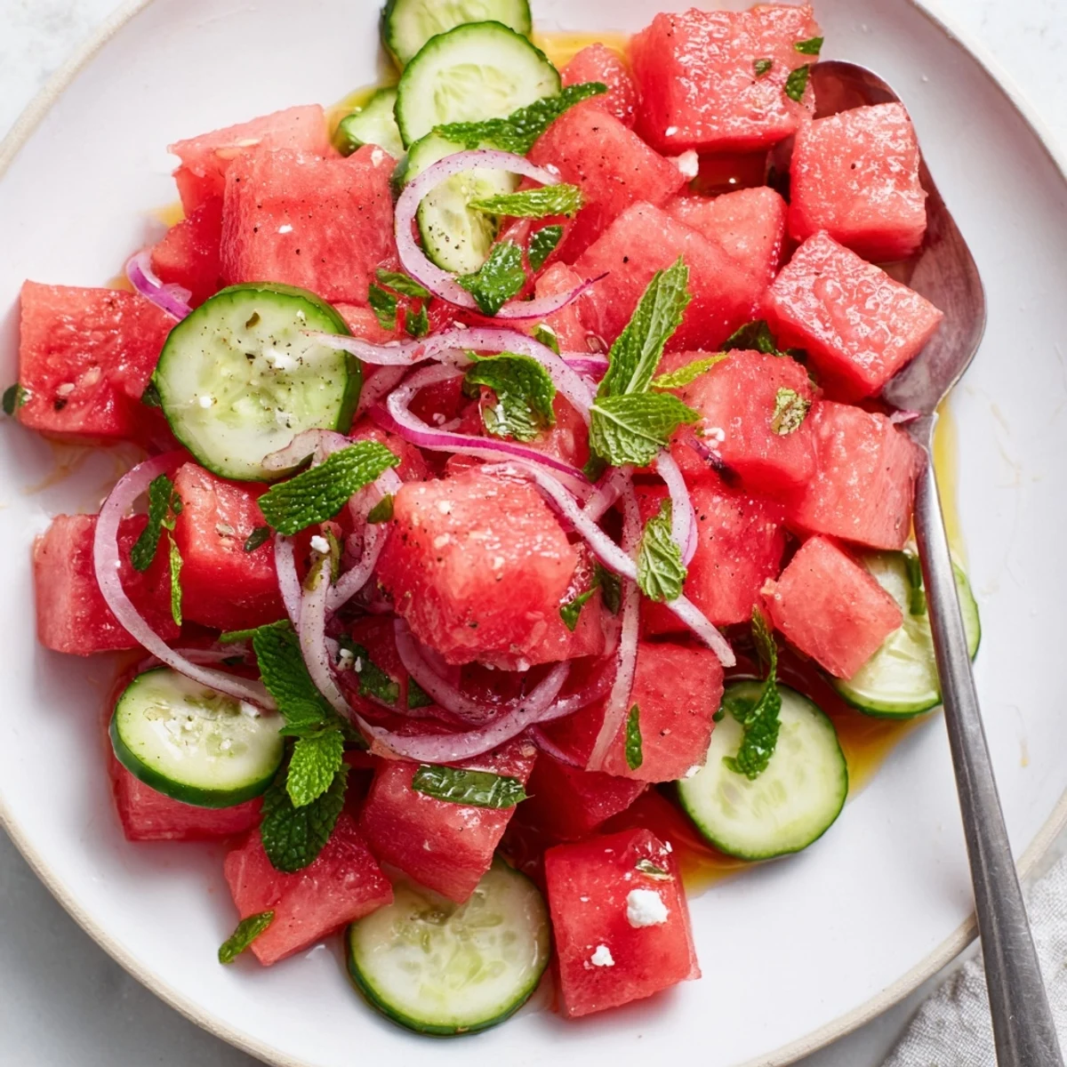 Bright Watermelon Cucumber Salad tossed in zesty lime dressing, chilled and refreshing