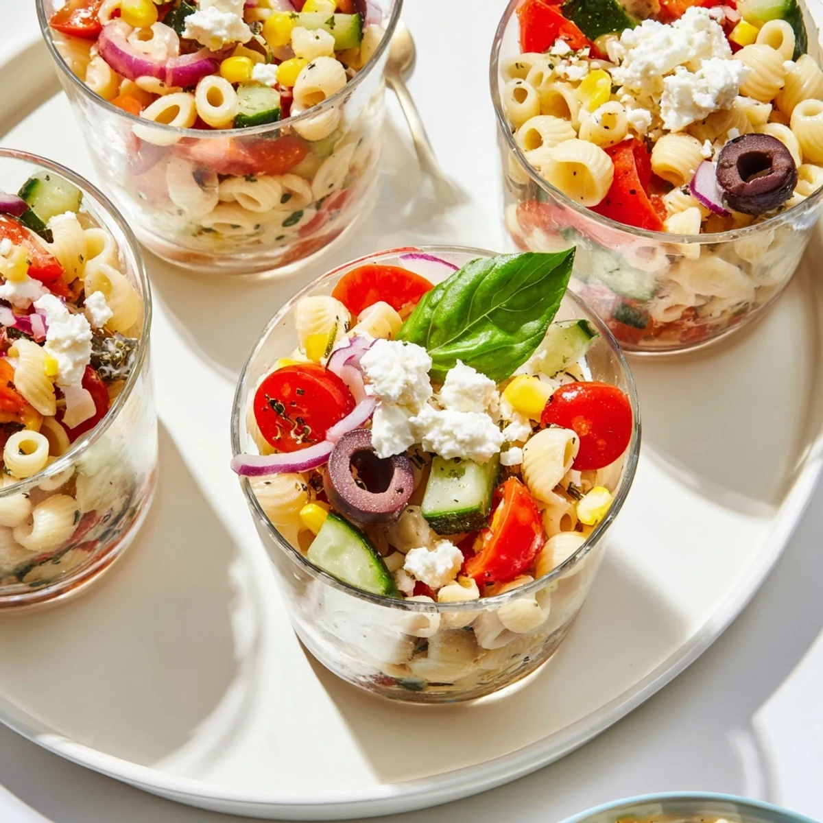 Pasta Salad Cups filled with colorful veggies, feta, and tangy dressing, chilled