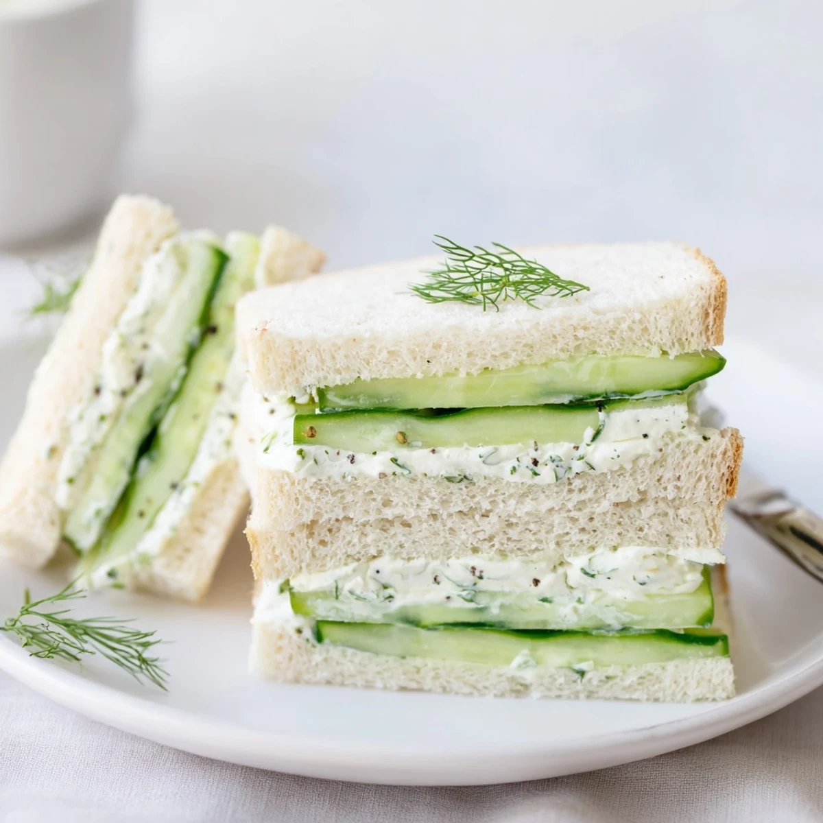 Classic Cucumber Sandwiches layered on soft white bread with peppered cream cheese for tea