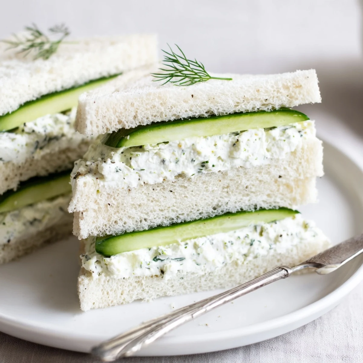 Chilled Classic Cucumber Sandwiches cut into triangles with overlapping cucumber slices and cream cheese
