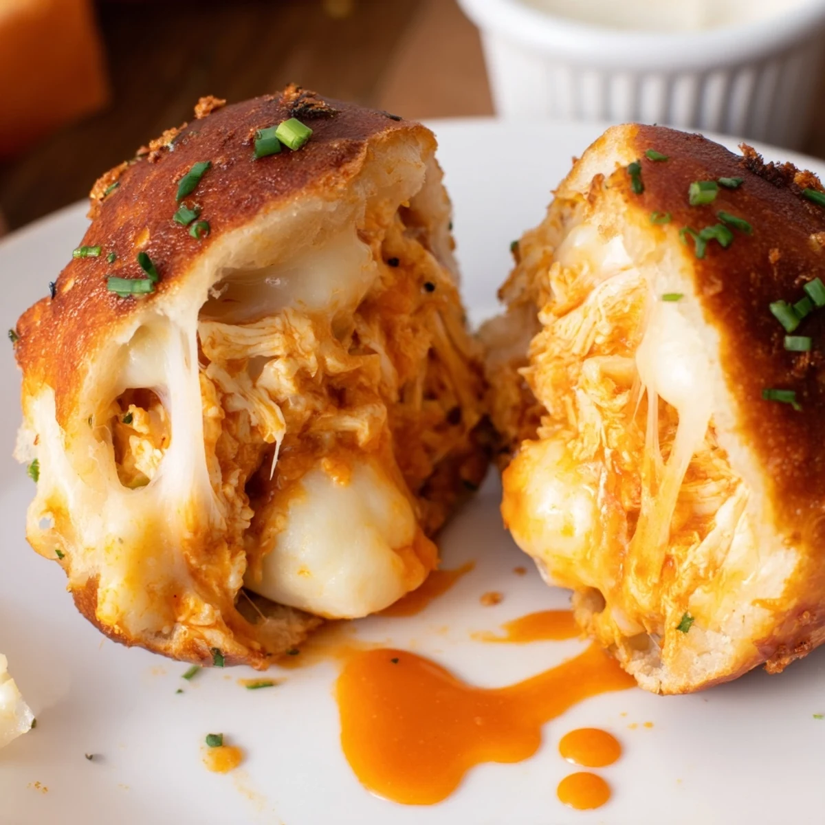 Baked Buffalo Chicken Mozzarella Bombs For Game Day Bliss, spicy filling oozing