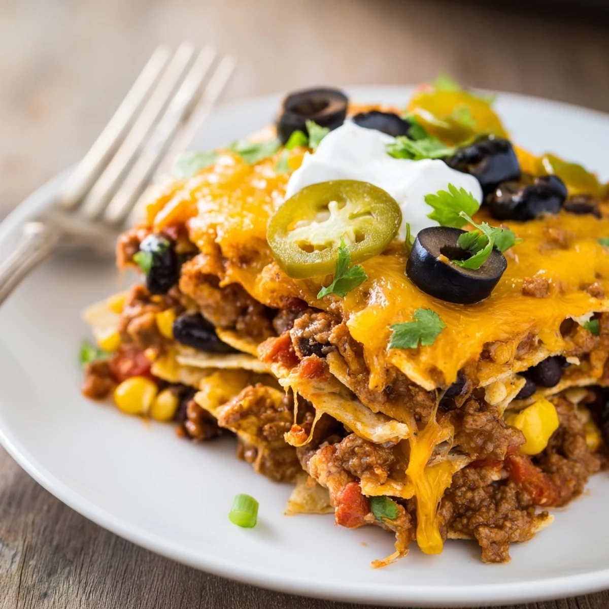 Cheesy Nacho Casserole bubbling golden, melted cheese over seasoned beef and chips