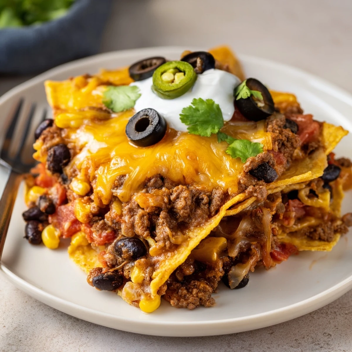 Layered Cheesy Nacho Casserole served straight from oven, crispy chips, gooey cheese