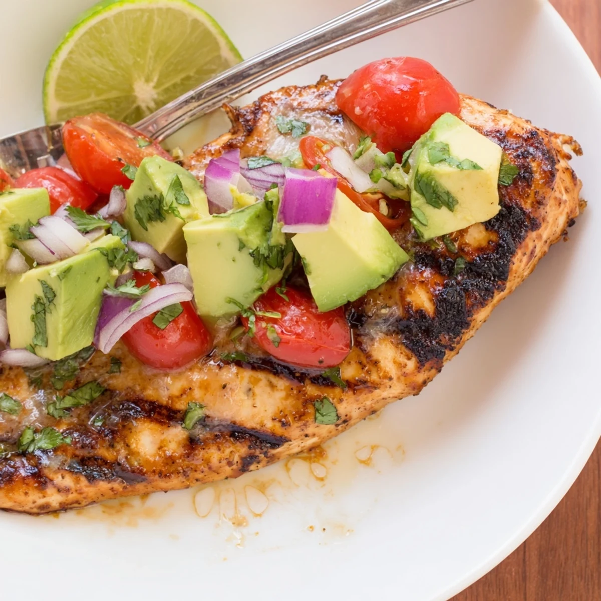 Grilled, juicy Fiesta Lime Chicken With Avocado topped with cilantro and lime wedge