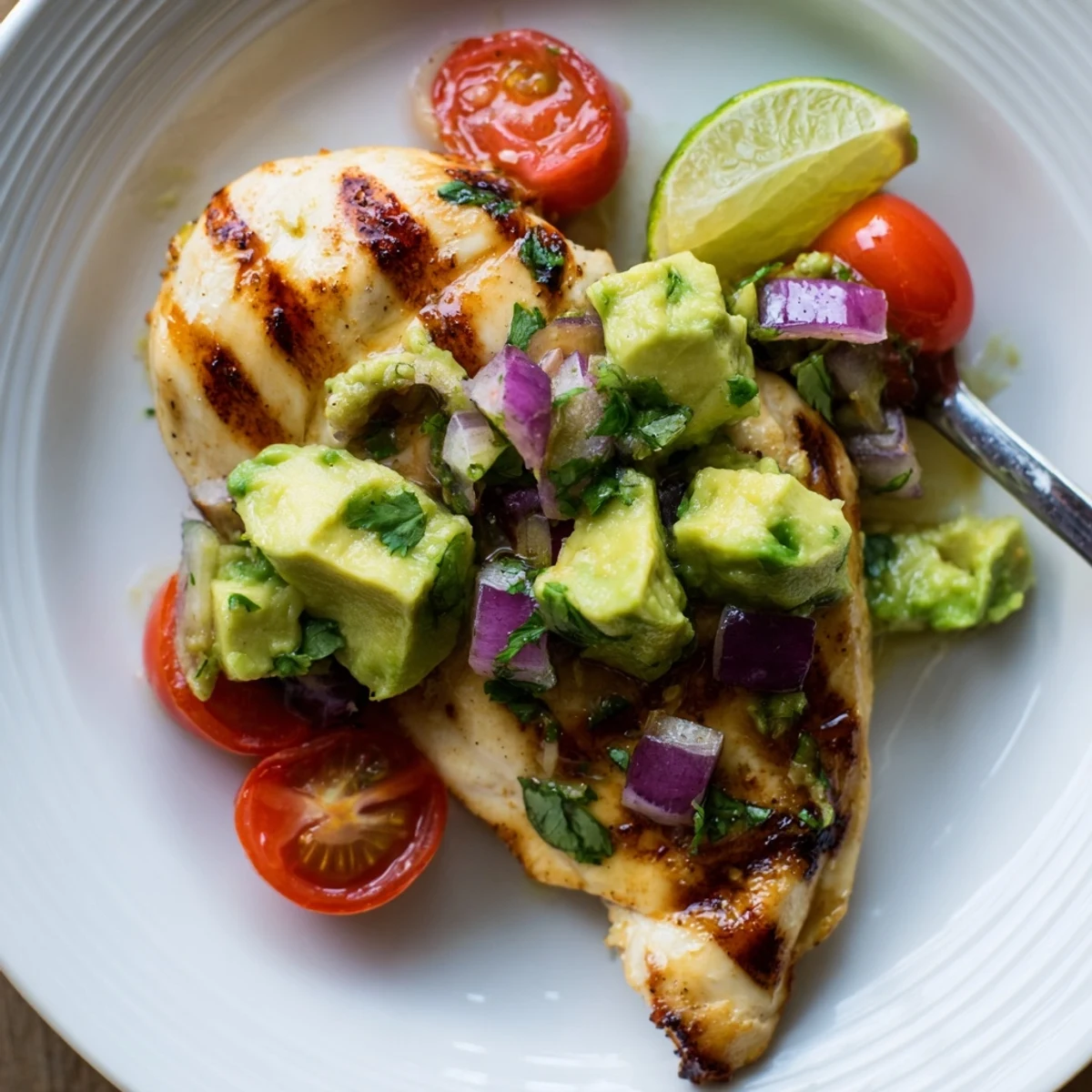 Fiesta Lime Chicken With Avocado resting on warm tortillas, bright avocado tomato salsa