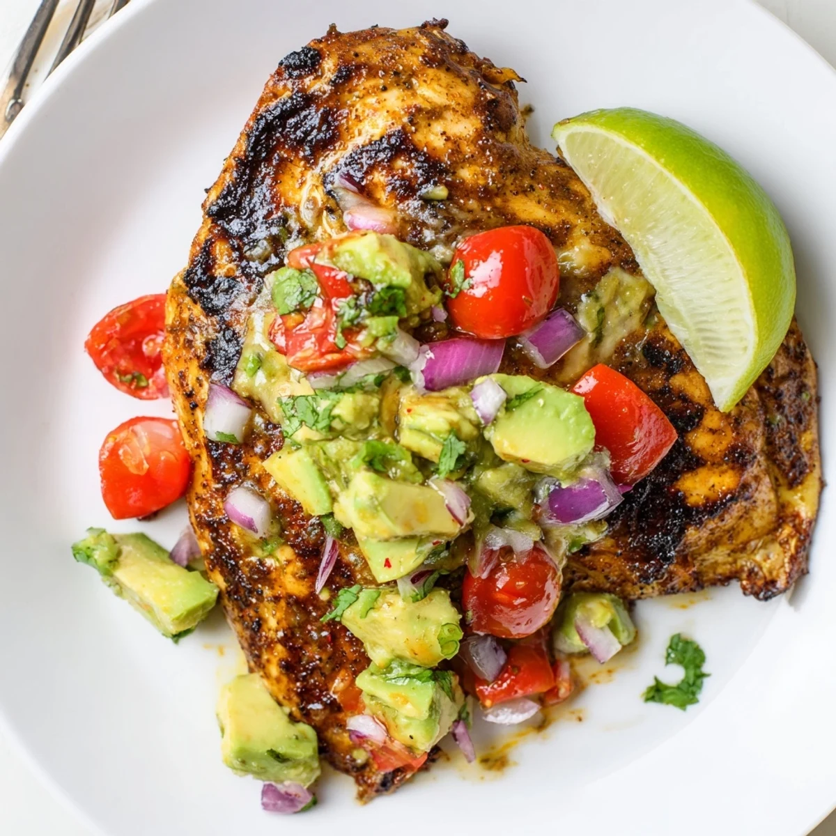 Charred grill marks, tangy and creamy, Fiesta Lime Chicken With Avocado over rice