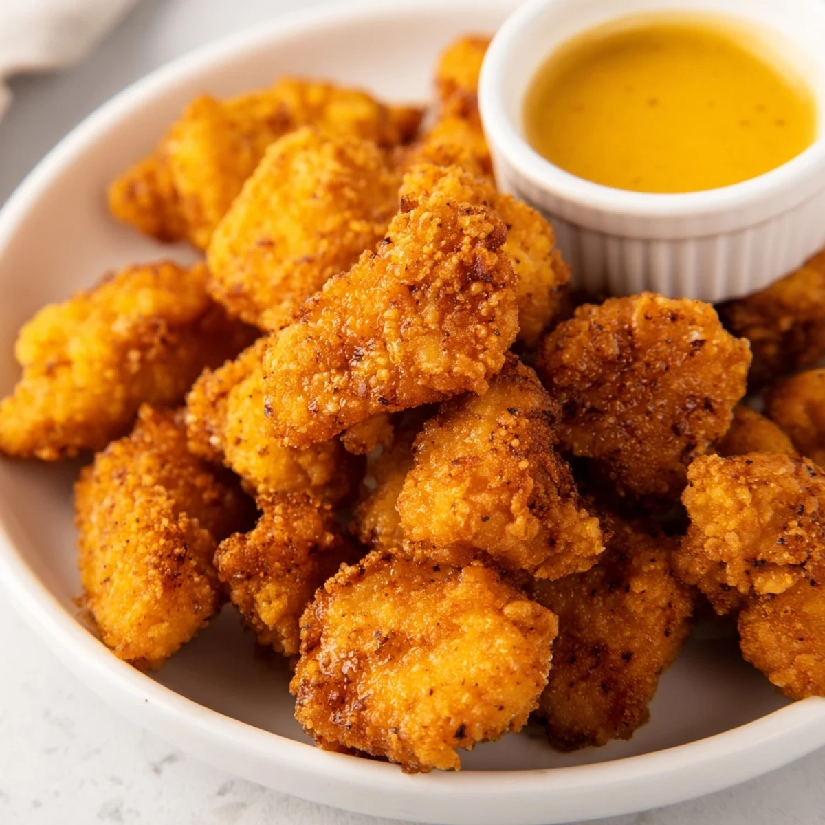 Crispy golden Chicken Bites piled on a plate with ranch dipping sauce