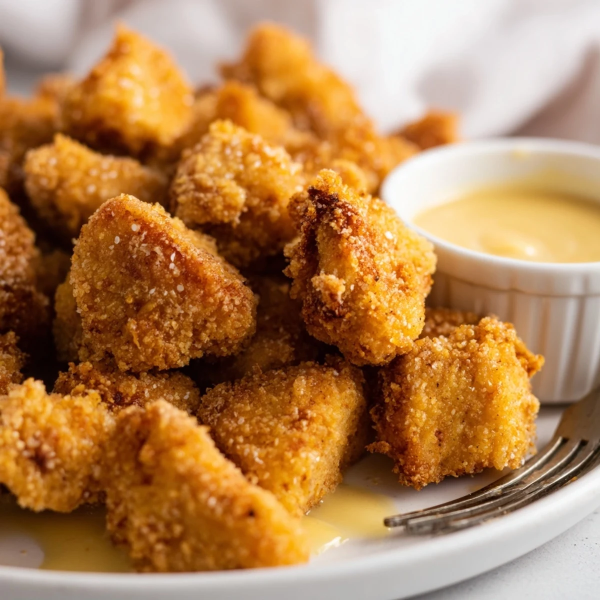 Crunchy breaded Chicken Bites arranged beside honey mustard and BBQ sauce
