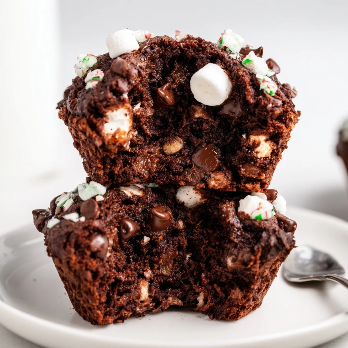 Peppermint Hot Chocolate Muffins steaming on a rack, chocolate chips glistening.