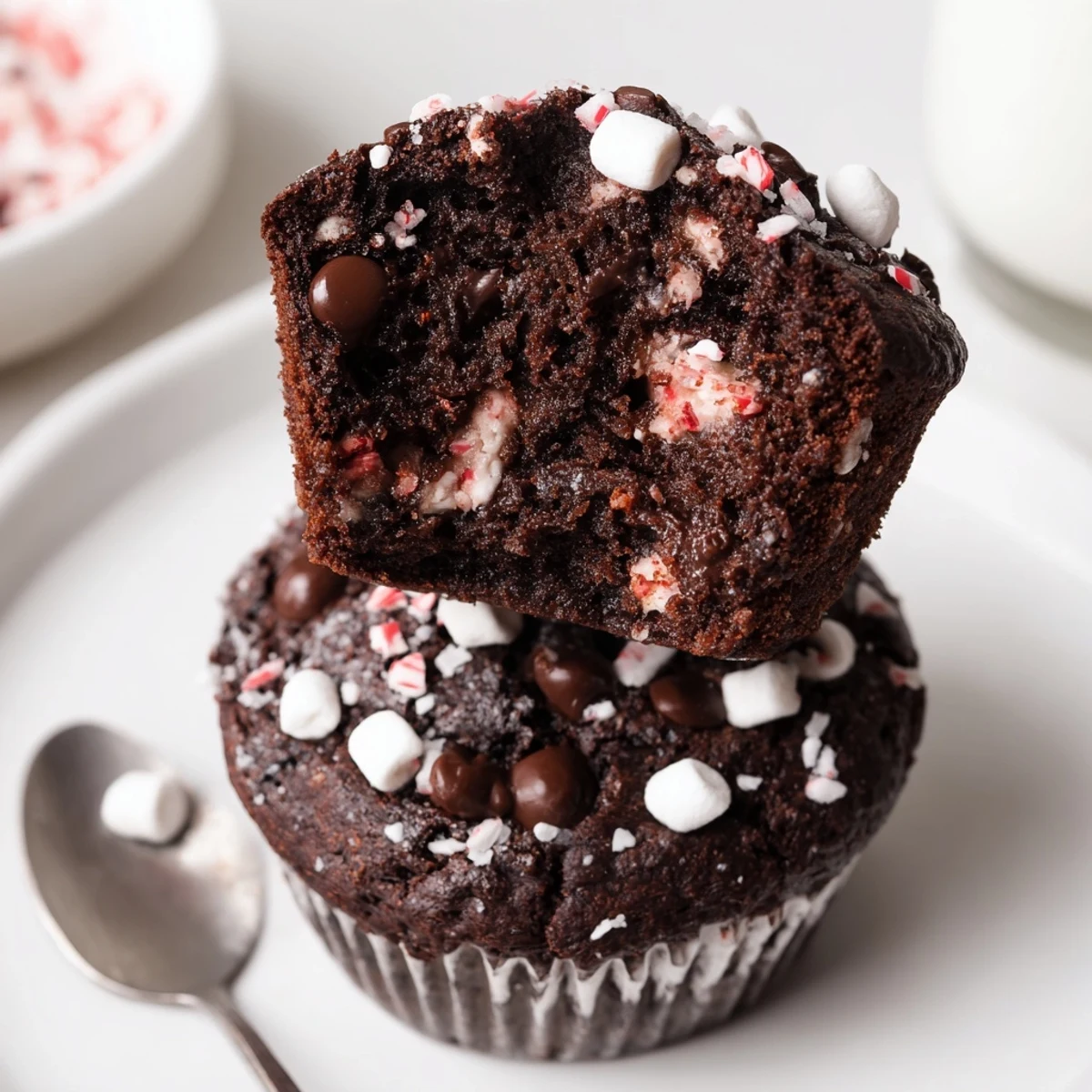 Plate of Peppermint Hot Chocolate Muffins beside a steaming mug of cocoa.