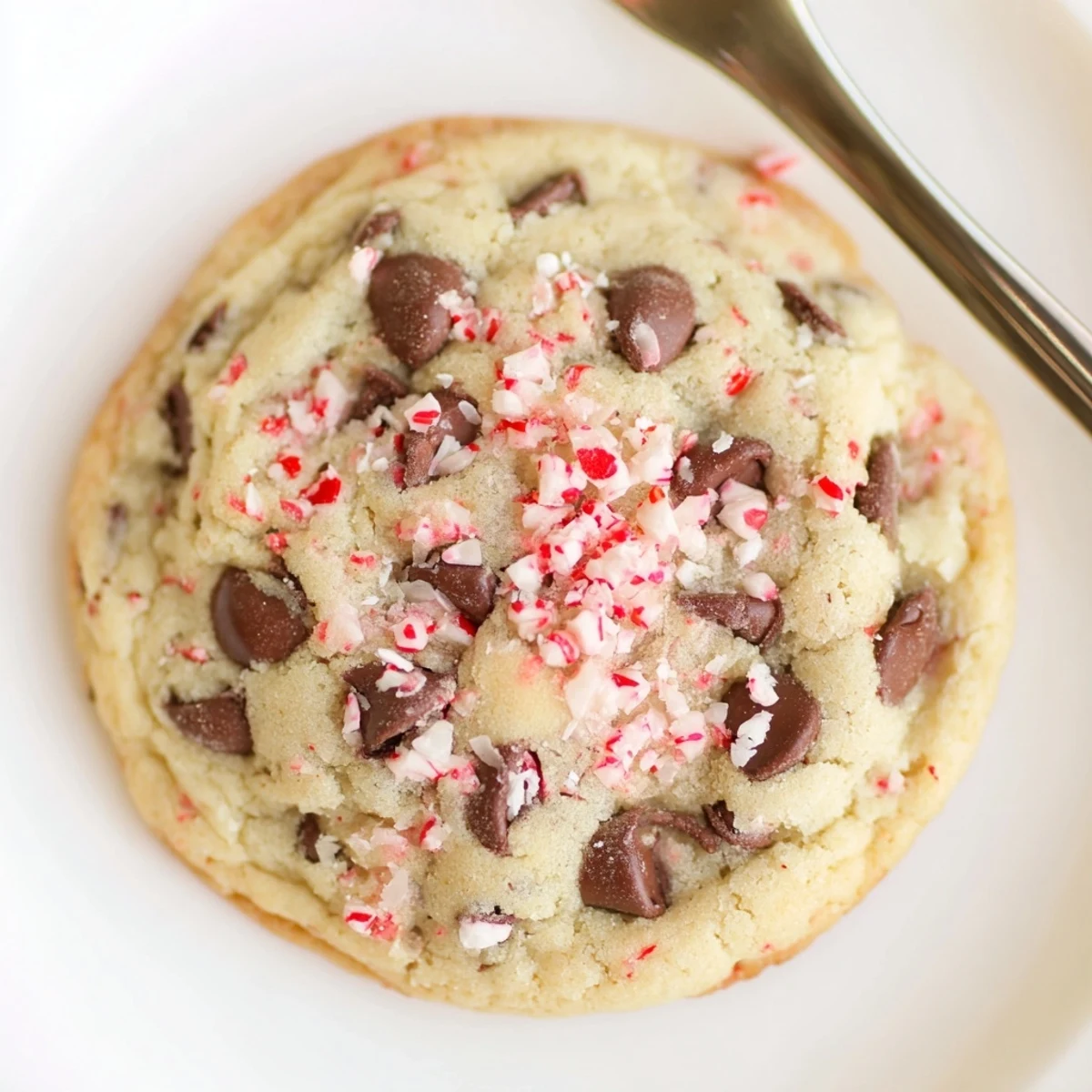 Peppermint Chocolate Chip Cookies on a wire rack, gooey centers, festive sprinkles