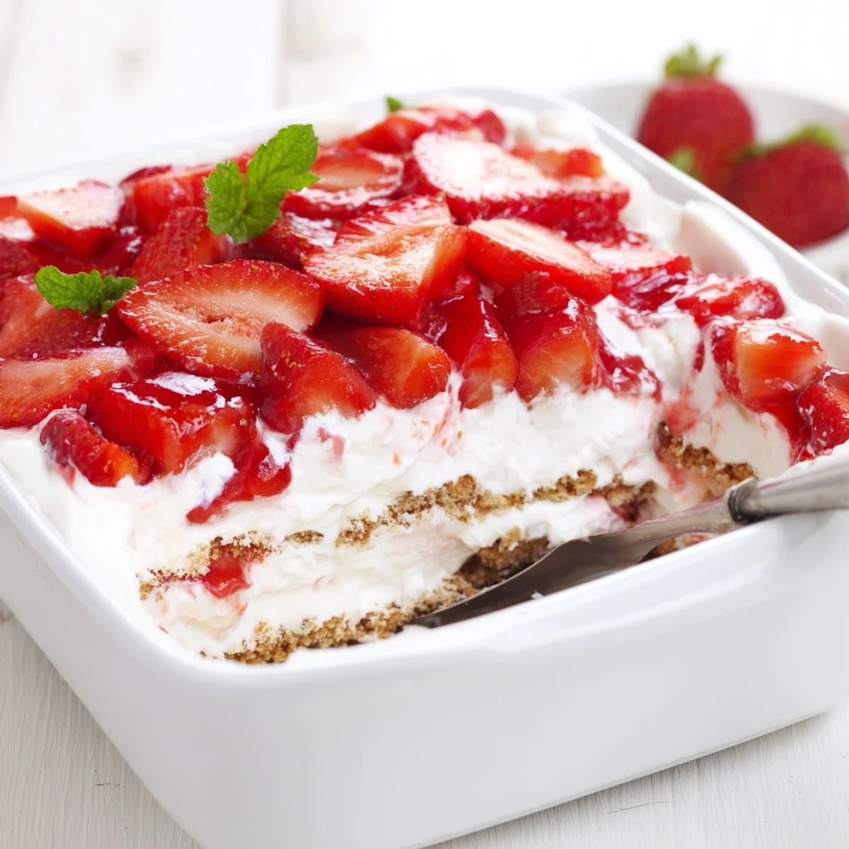No Bake Strawberry Shortcake Dessert with creamy layers and juicy macerated strawberries